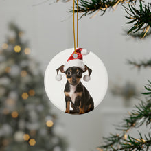 DistinctInk Hanging Ceramic Christmas Tree Ornament with Gold String - Great Gift/Present - 2 3/4 inch Diameter - Rat Terrier Puppy Design