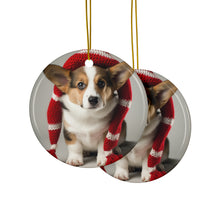 DistinctInk Hanging Ceramic Christmas Tree Ornament with Gold String - Great Gift/Present - 2 3/4 inch Diameter - Cardigan Welsh Corgi Puppy Design