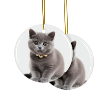DistinctInk Hanging Ceramic Christmas Tree Ornament with Gold String - Great Gift/Present - 2 3/4 inch Diameter - Chartreux Kitten Design