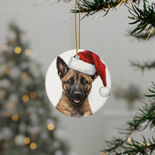 DistinctInk Hanging Ceramic Christmas Tree Ornament with Gold String - Great Gift/Present - 2 3/4 inch Diameter - Belgian Malinoi Puppy Drawing Design