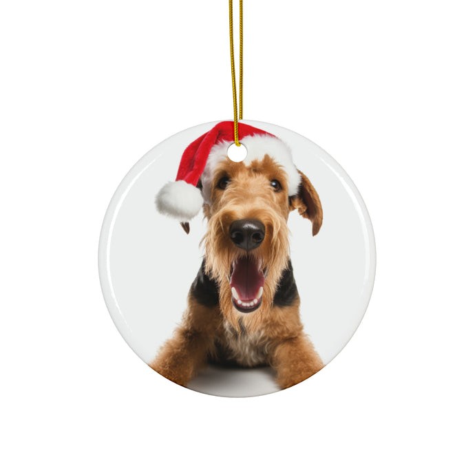 DistinctInk Hanging Ceramic Christmas Tree Ornament with Gold String - Great Gift/Present - 2 3/4 inch Diameter - Airedale Terrier Design