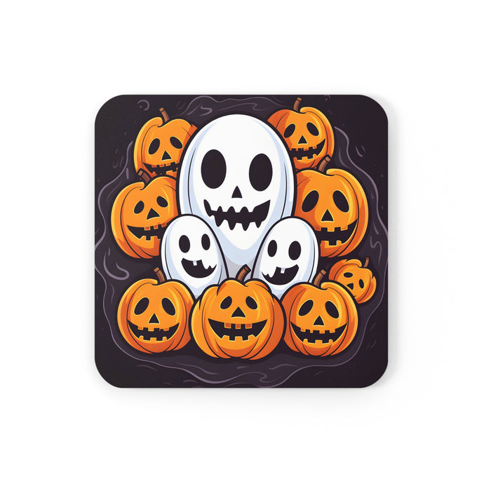 DistinctInk (Set of 4) Corkwood Coasters with Skele-Pumpkin Ghost PatternDesign for Halloween