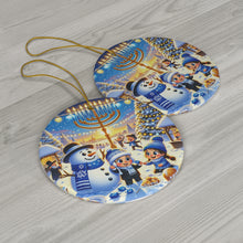 DistinctInk Hanging Ceramic Christmas Tree Ornament Charm with Gold String - Great Gift/Present - 2 3/4 inch Diameter - Hanukkah Winter Wonderland