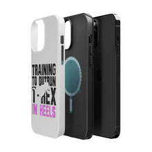 DistinctInk ToughCase for Apple iPhone, Compatible with MagSafe Charging - Training to Outrun T-Rex in Heels