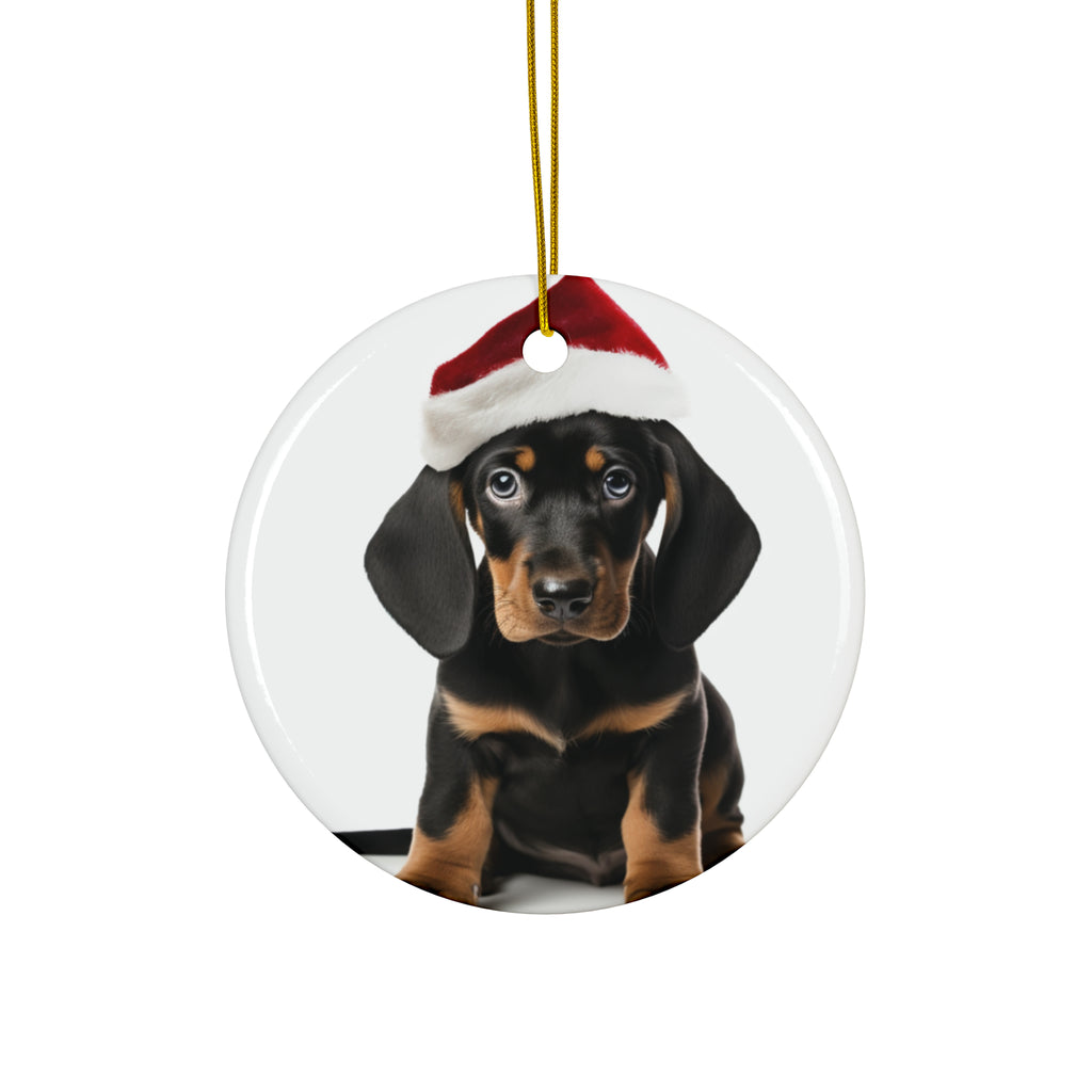 Hanging Ceramic Christmas Tree Ornament with Gold String - Black and Tan Coonhound Puppy Design