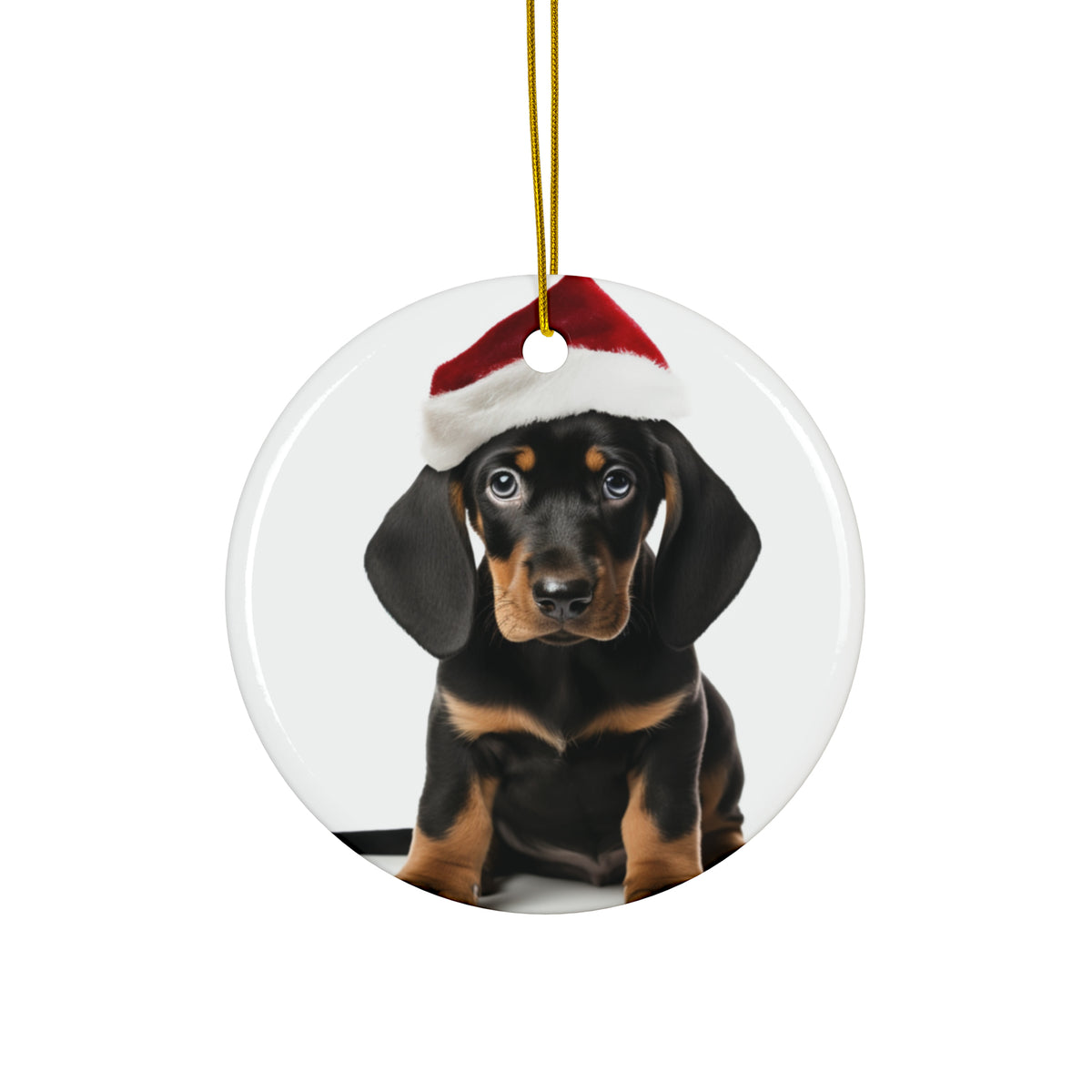 Hanging Ceramic Christmas Tree Ornament with Gold String - Black and Tan Coonhound Puppy Design