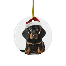DistinctInk Hanging Ceramic Christmas Tree Ornament with Gold String - Great Gift/Present - 2 3/4 inch Diameter - Black and Tan Coonhound Puppy Design