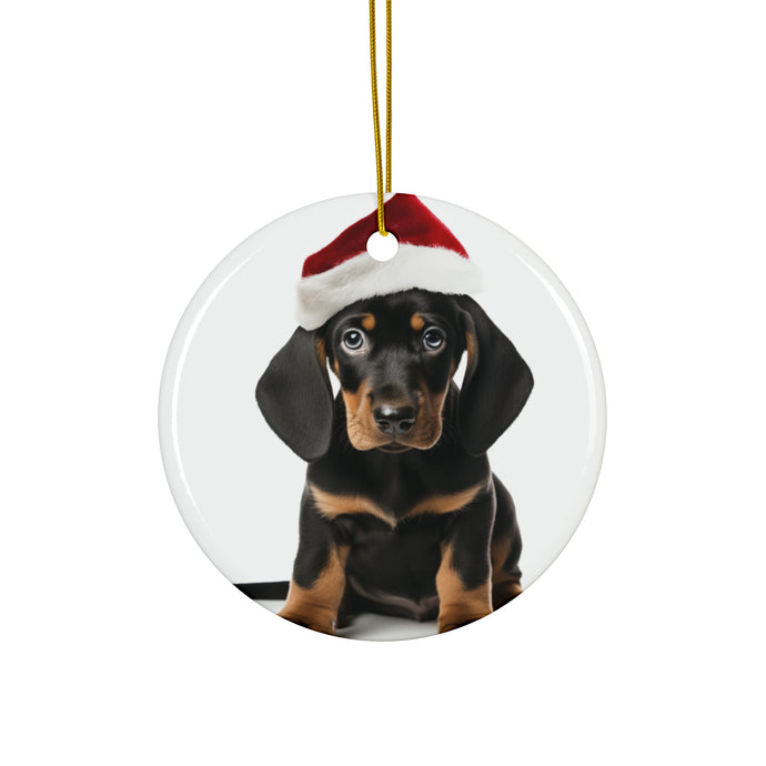 DistinctInk Hanging Ceramic Christmas Tree Ornament with Gold String - Great Gift/Present - 2 3/4 inch Diameter - Black and Tan Coonhound Puppy Design