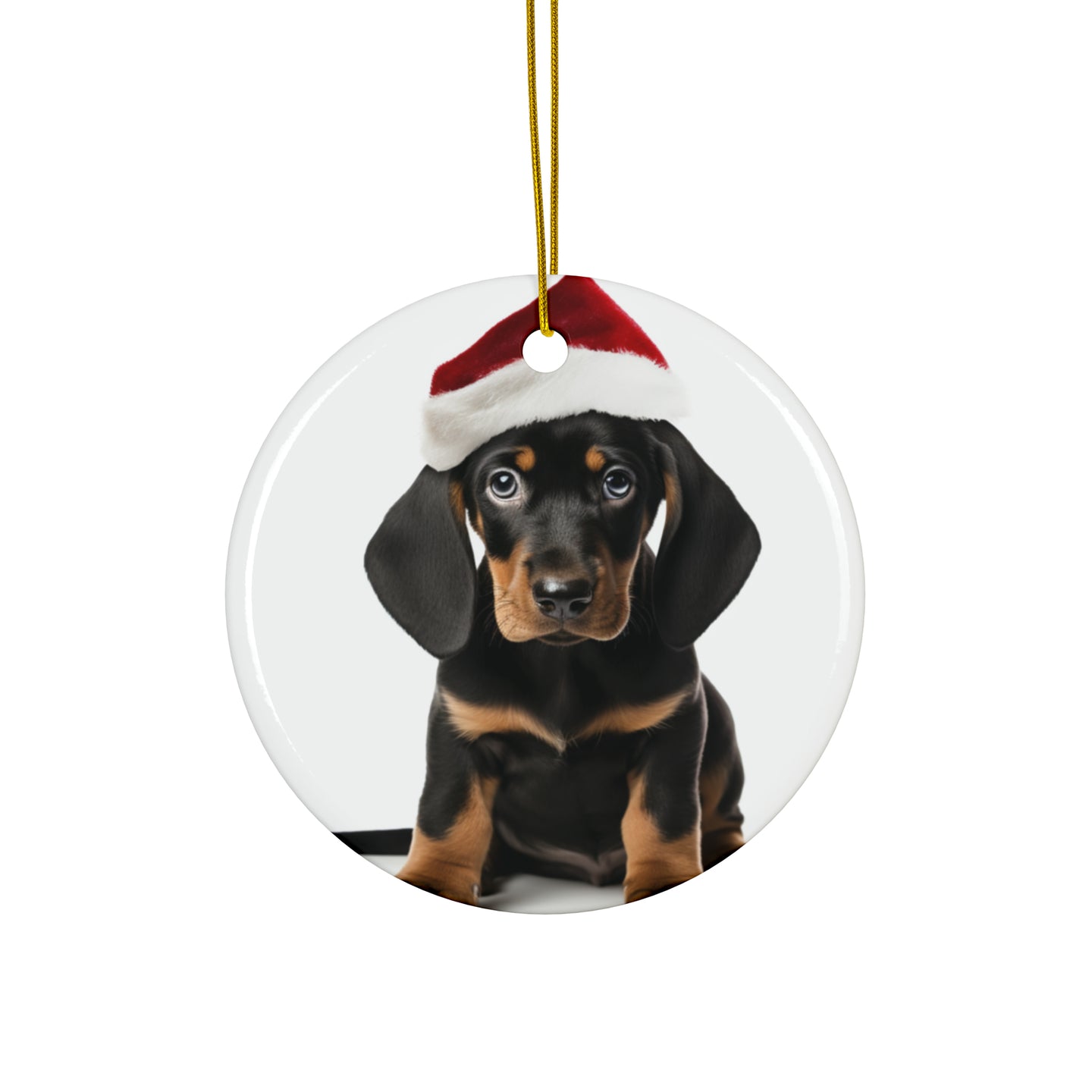 DistinctInk Hanging Ceramic Christmas Tree Ornament with Gold String - Great Gift/Present - 2 3/4 inch Diameter - Black and Tan Coonhound Puppy Design