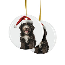 DistinctInk Hanging Ceramic Christmas Tree Ornament with Gold String - Great Gift/Present - 2 3/4 inch Diameter - Barbet Puppy Design