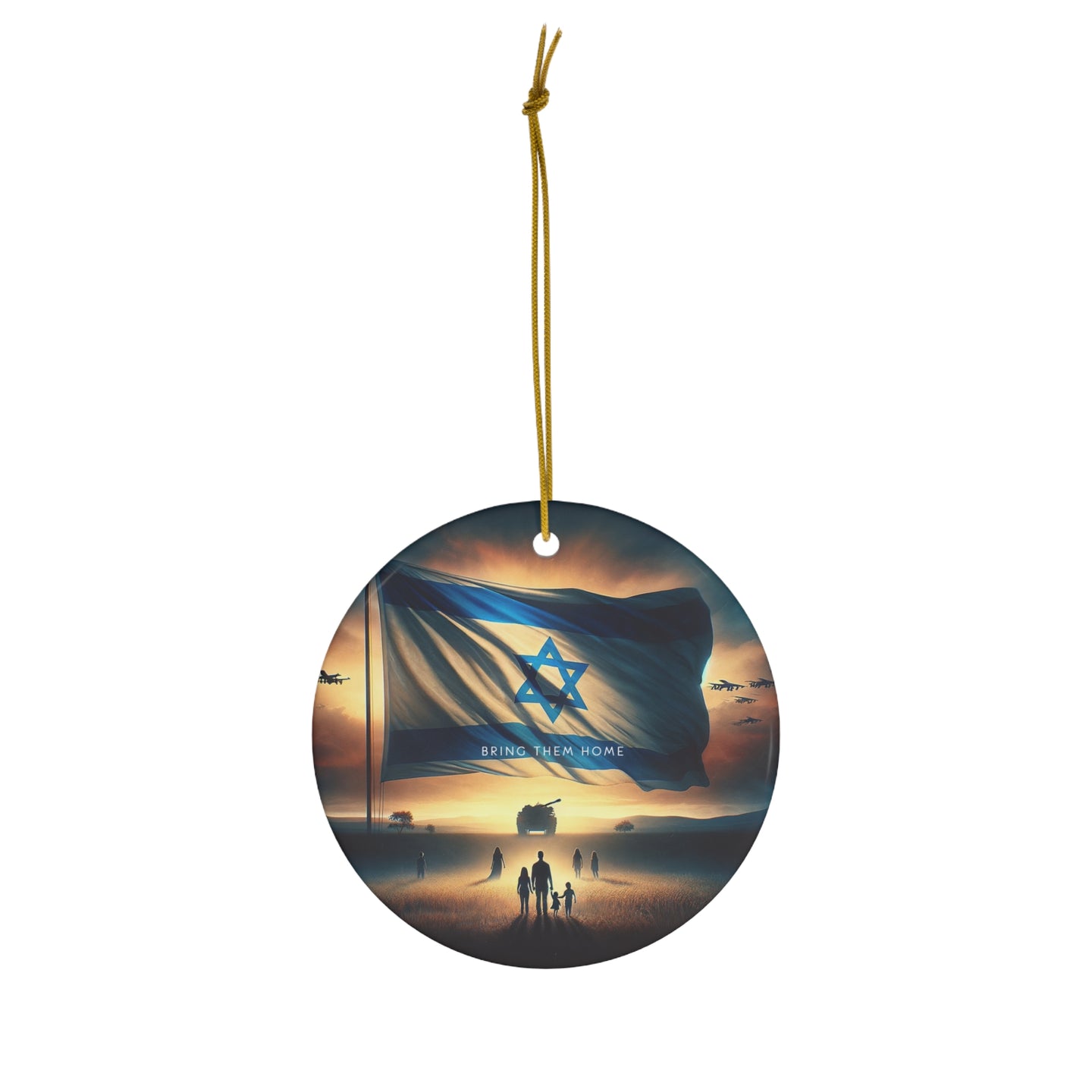 DistinctInk Hanging Ceramic Christmas Tree Ornament Charm with Gold String - Great Gift/Present - 2 3/4 inch Diameter - Hopeful Dawn - Bring Them Home