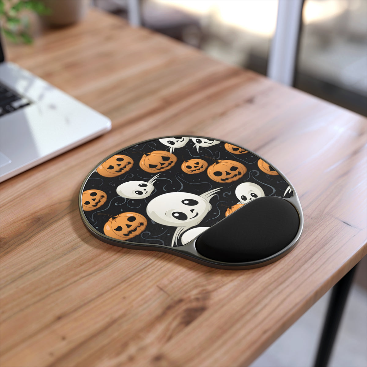 Mouse Pad with Wrist Rest with Ghost Skeleton Pumpkin Pattern Design for Halloween, view 2