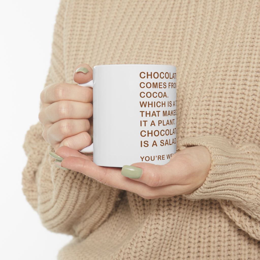 Glossy White Coffee / Tea Mug - Chocolate Comes From Cocoa Is A Salad, view 10
