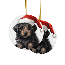 DistinctInk Hanging Ceramic Christmas Tree Ornament with Gold String - Great Gift/Present - 2 3/4 inch Diameter - Bouvier de Flandre Puppy Drawing Design