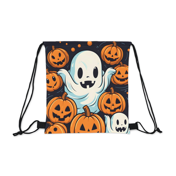 DistinctInk Drawstring Bag / Backpack with The Ghostly Skeleton Pumpkin Design for Halloween