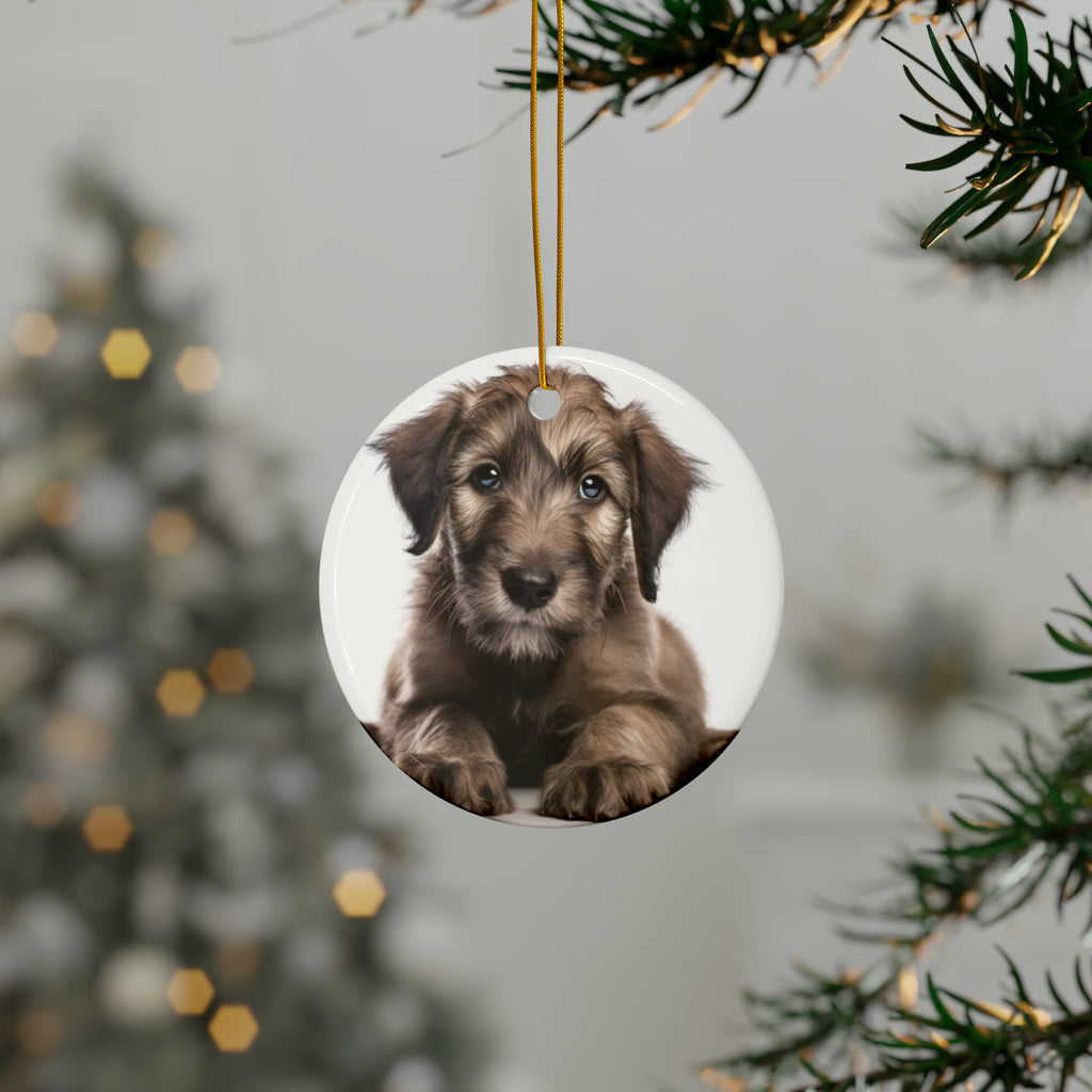 Hanging Ceramic Christmas Tree Ornament with Gold String - Irish Wolfhound Puppy Design, view 3