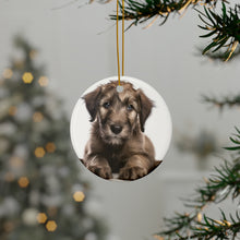 DistinctInk Hanging Ceramic Christmas Tree Ornament with Gold String - Great Gift/Present - 2 3/4 inch Diameter - Irish Wolfhound Puppy Design