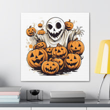 DistinctInk Canvas Wall Art with Ghostly Skeleton and Pumpkins for Halloween