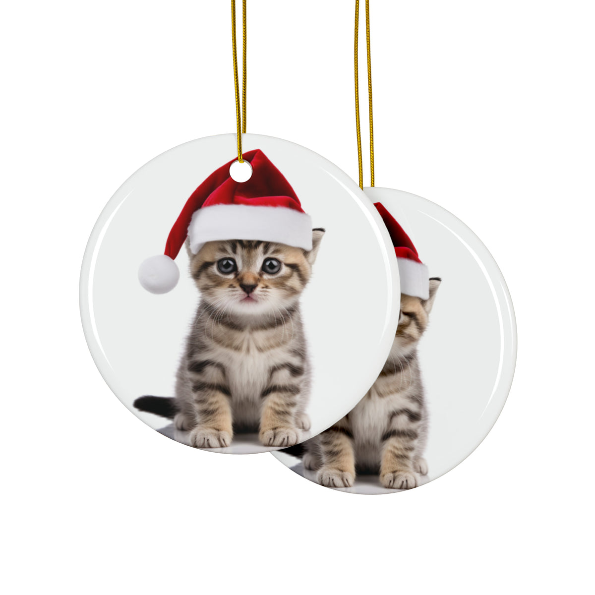 Hanging Ceramic Christmas Tree Ornament with Gold String - American Shorthair Kitten Design, view 2