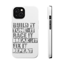 DistinctInk ToughCase for Apple iPhone, Compatible with MagSafe Charging - Build It Tune Race Break Fix Repeat