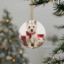 DistinctInk Hanging Ceramic Christmas Tree Ornament with Gold String - Great Gift/Present - 2 3/4 inch Diameter - West Highland White Terrier Puppy Design