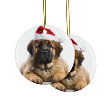 DistinctInk Hanging Ceramic Christmas Tree Ornament with Gold String - Great Gift/Present - 2 3/4 inch Diameter - Leonberger Puppy Design