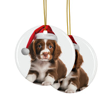 DistinctInk Hanging Ceramic Christmas Tree Ornament with Gold String - Great Gift/Present - 2 3/4 inch Diameter - Brittany Puppy Design