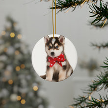 DistinctInk Hanging Ceramic Christmas Tree Ornament with Gold String - Great Gift/Present - 2 3/4 inch Diameter - Siberian Huskie Puppy Design