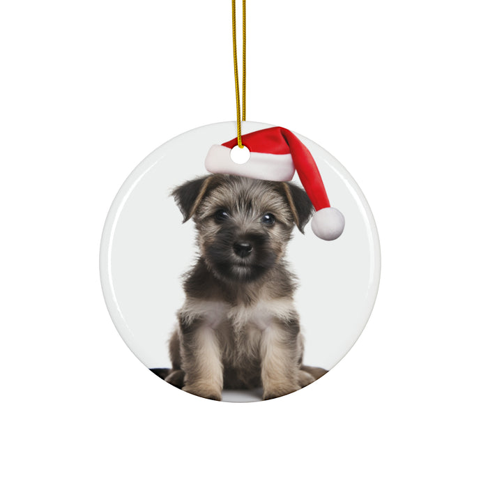 DistinctInk Hanging Ceramic Christmas Tree Ornament with Gold String - Great Gift/Present - 2 3/4 inch Diameter - American Hairles Terrier Puppy Design