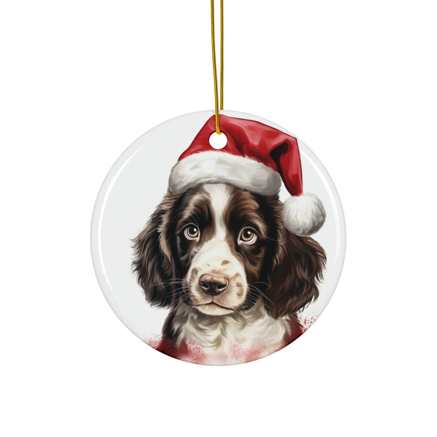 DistinctInk Hanging Ceramic Christmas Tree Ornament with Gold String - Great Gift/Present - 2 3/4 inch Diameter - English Springer Spaniel Puppy Drawing Design