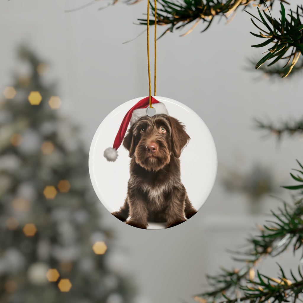 Hanging Ceramic Christmas Tree Ornament with Gold String - Wirehaired Pointing Griffon Puppy Design, view 3