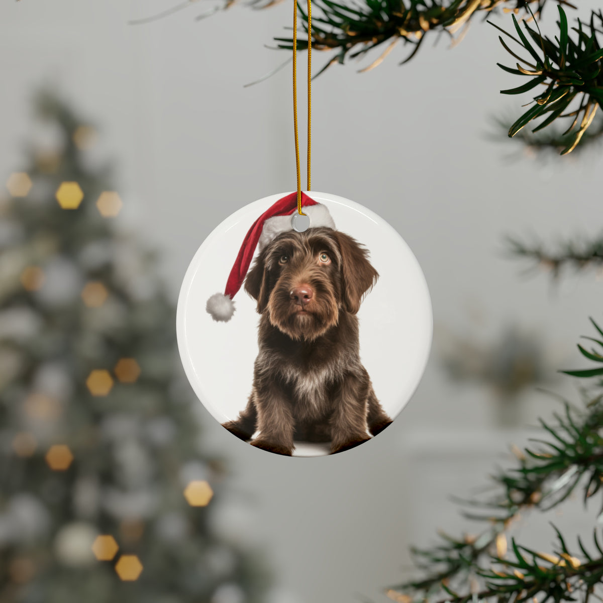 Hanging Ceramic Christmas Tree Ornament with Gold String - Wirehaired Pointing Griffon Puppy Design, view 3