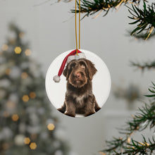 DistinctInk Hanging Ceramic Christmas Tree Ornament with Gold String - Great Gift/Present - 2 3/4 inch Diameter - Wirehaired Pointing Griffon Puppy Design