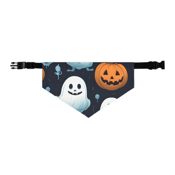 DistinctInk Adjustable Pet Banana Collar with Ghastly Skeleton Pumpkin Patch Design for Halloween