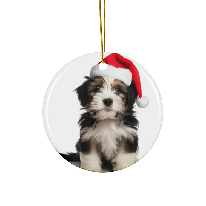 DistinctInk Hanging Ceramic Christmas Tree Ornament with Gold String - Great Gift/Present - 2 3/4 inch Diameter - Tibetan Terrier Puppy Design