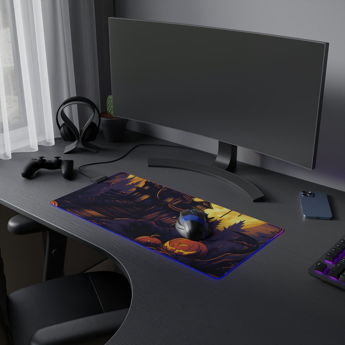 LED Gaming Mouse Pad with Ghostly Ghouls in the Graveyard Design for Halloween, view 9