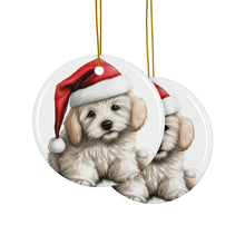DistinctInk Hanging Ceramic Christmas Tree Ornament with Gold String - Great Gift/Present - 2 3/4 inch Diameter - Coton de Tulear Puppy Drawing Design