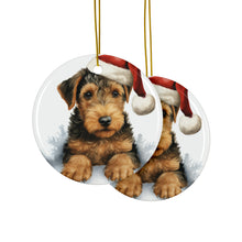 DistinctInk Hanging Ceramic Christmas Tree Ornament with Gold String - Great Gift/Present - 2 3/4 inch Diameter - Welsh Terrier Puppy Drawing Design