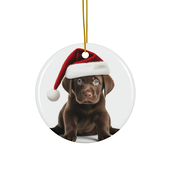 DistinctInk Hanging Ceramic Christmas Tree Ornament with Gold String - Great Gift/Present - 2 3/4 inch Diameter - Labrador Retriever Puppy Design