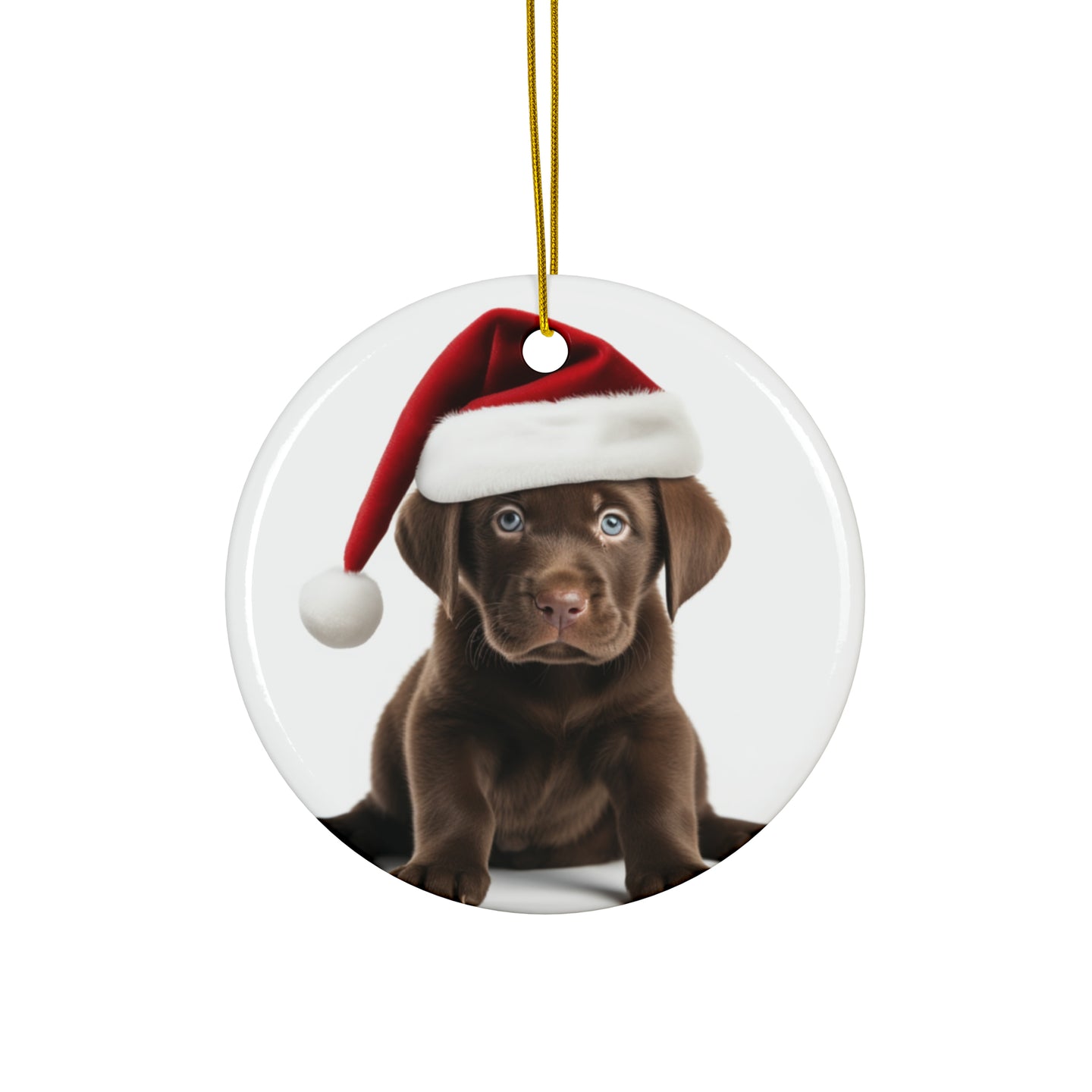 DistinctInk Hanging Ceramic Christmas Tree Ornament with Gold String - Great Gift/Present - 2 3/4 inch Diameter - Labrador Retriever Puppy Design