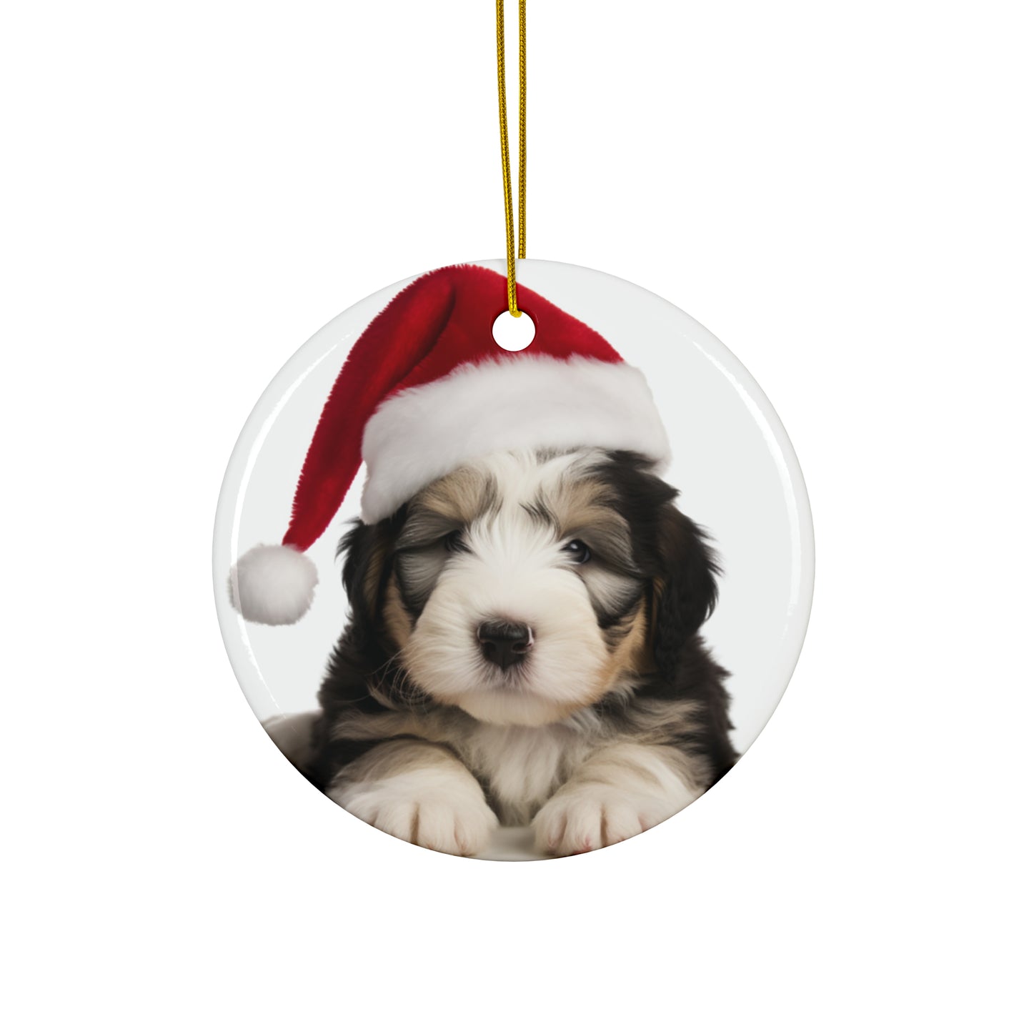 DistinctInk Hanging Ceramic Christmas Tree Ornament with Gold String - Great Gift/Present - 2 3/4 inch Diameter - Old English Sheepdog Puppy Design