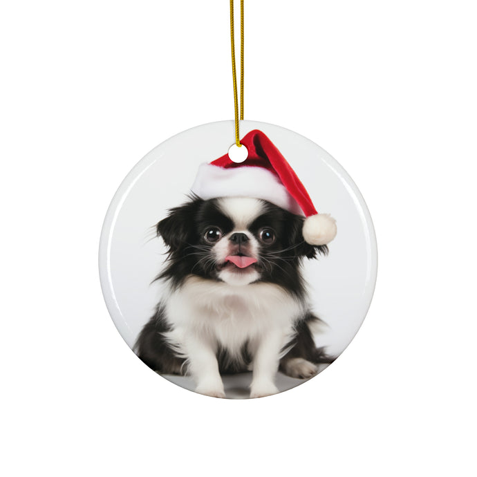 DistinctInk Hanging Ceramic Christmas Tree Ornament with Gold String - Great Gift/Present - 2 3/4 inch Diameter - Japanese Chin Puppy Design
