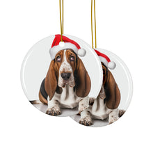 DistinctInk Hanging Ceramic Christmas Tree Ornament with Gold String - Great Gift/Present - 2 3/4 inch Diameter - Basset Hound Design