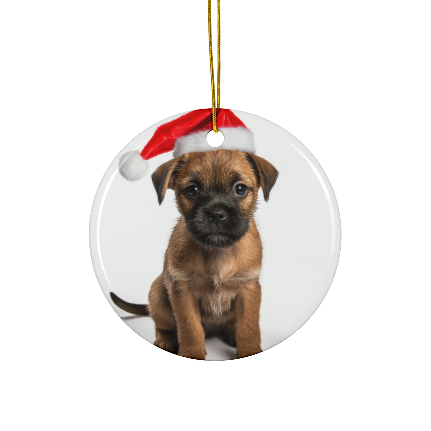 DistinctInk Hanging Ceramic Christmas Tree Ornament with Gold String - Great Gift/Present - 2 3/4 inch Diameter - Border Terrier Puppy Design