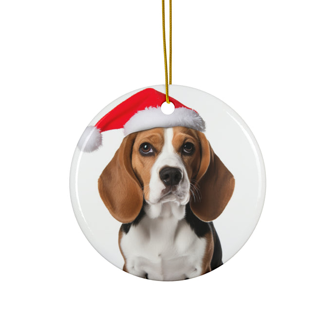 DistinctInk Hanging Ceramic Christmas Tree Ornament with Gold String - Great Gift/Present - 2 3/4 inch Diameter - Beagle Design