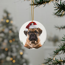 DistinctInk Hanging Ceramic Christmas Tree Ornament with Gold String - Great Gift/Present - 2 3/4 inch Diameter - Bullmastiff Puppy Design