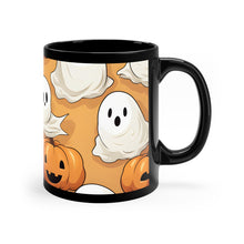 DistinctInk Black Coffee Mug - Ghostly Skeleton Pumpkin Patch for Halloween