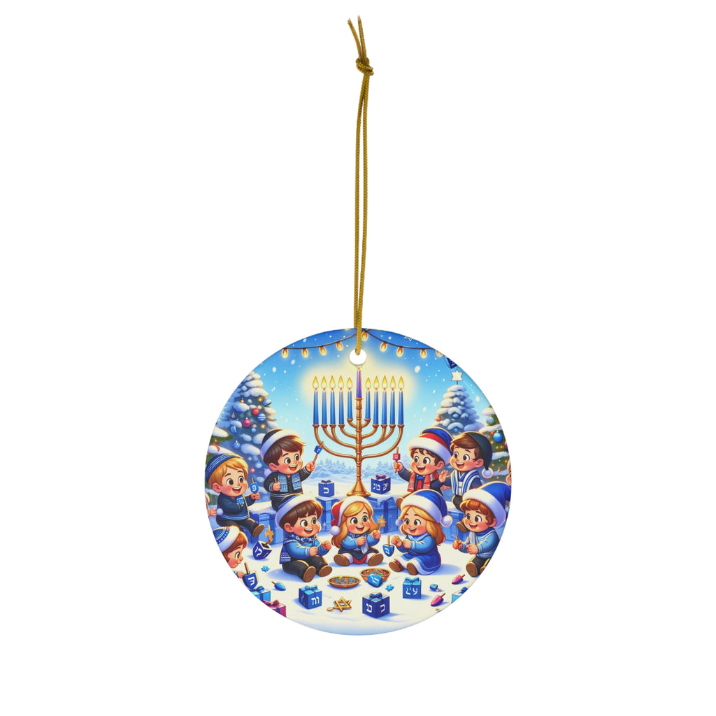 Hanging Ceramic Christmas Tree Ornament Charm with Gold String - Hanukkah and Christmas Joy, view 2