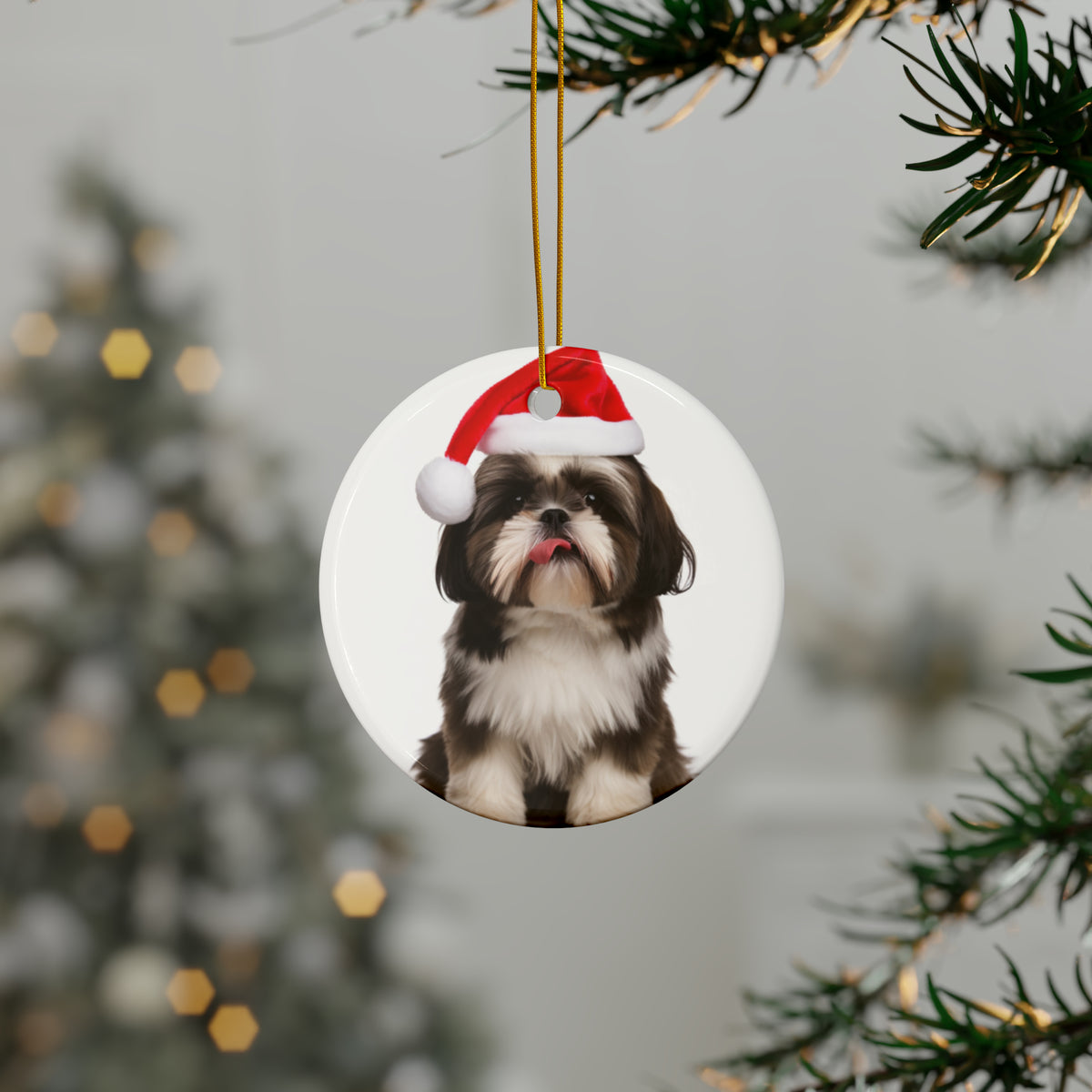 Hanging Ceramic Christmas Tree Ornament with Gold String - Shih Tzu Design, view 3