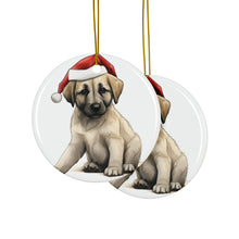 DistinctInk Hanging Ceramic Christmas Tree Ornament with Gold String - Great Gift/Present - 2 3/4 inch Diameter - Anatolian Shepherd Dog Puppy Drawing Design